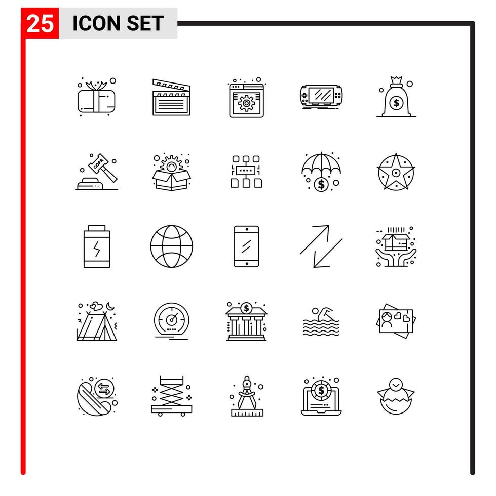 Pack of 25 Modern Lines Signs and Symbols for Web Print Media such as gaming device usa console settings Editable Vector Design Elements