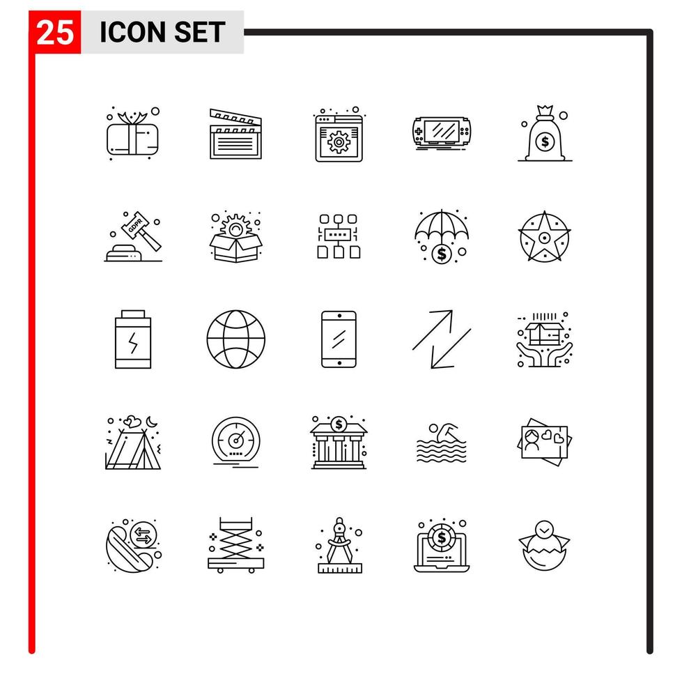 paquete de 25 signos y símbolos de líneas modernas para medios de impresión web, como dispositivos de juego, configuración de consola de EE. UU., elementos de diseño de vectores editables