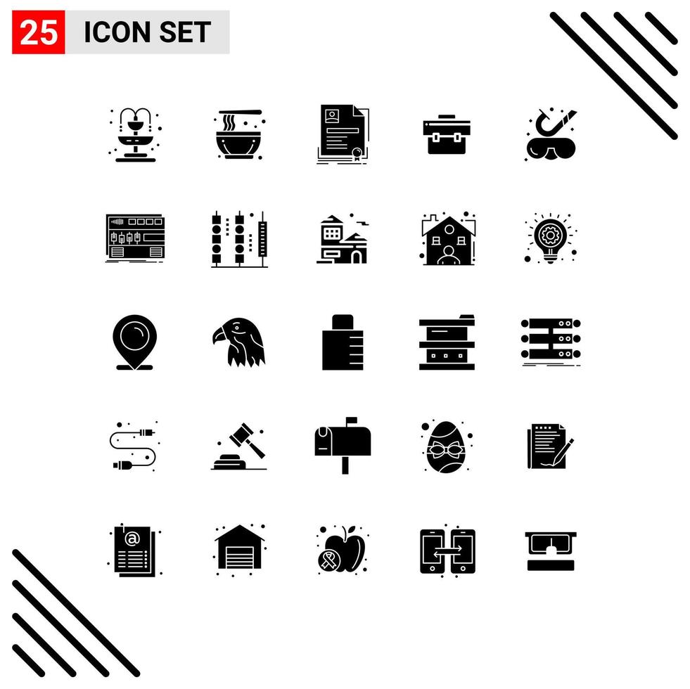 Editable Vector Line Pack of 25 Simple Solid Glyphs of goggles portfolio badge business bag Editable Vector Design Elements