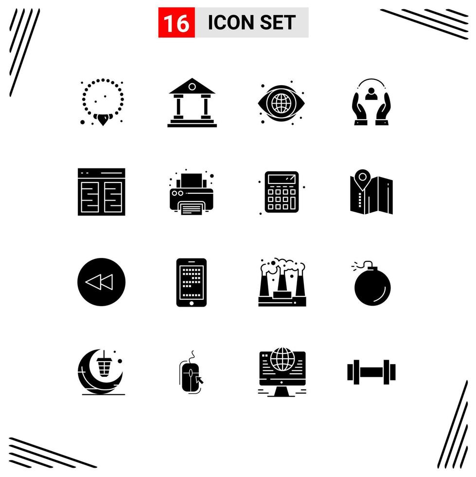 Pack of 16 Modern Solid Glyphs Signs and Symbols for Web Print Media such as communication protection eye people caring Editable Vector Design Elements