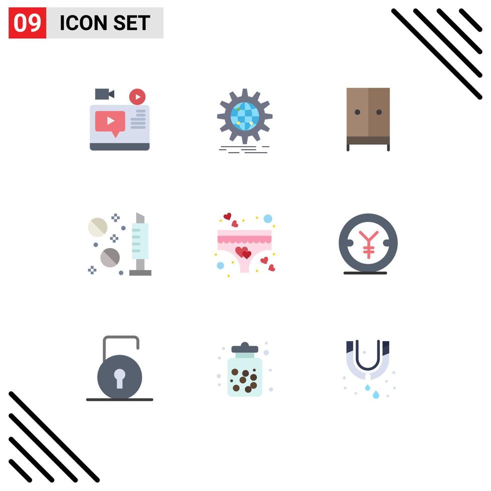 9 iconos creativos, signos y símbolos modernos de medicamentos, muebles de hotel en todo el mundo, elementos de diseño vectorial editables vector