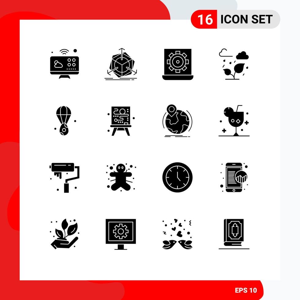 Mobile Interface Solid Glyph Set of 16 Pictograms of egg cloud computer trees setting Editable Vector Design Elements