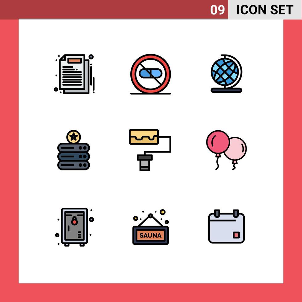 9 User Interface Filledline Flat Color Pack of modern Signs and Symbols of roller storage medical server data Editable Vector Design Elements