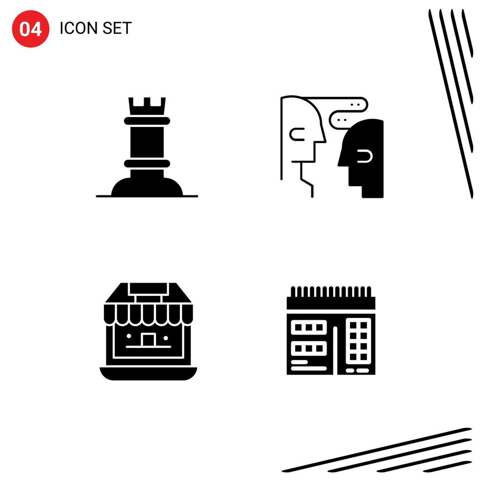 Mobile Interface Solid Glyph Set of 4 Pictograms of chess shopping brain interaction web Editable Vector Design Elements