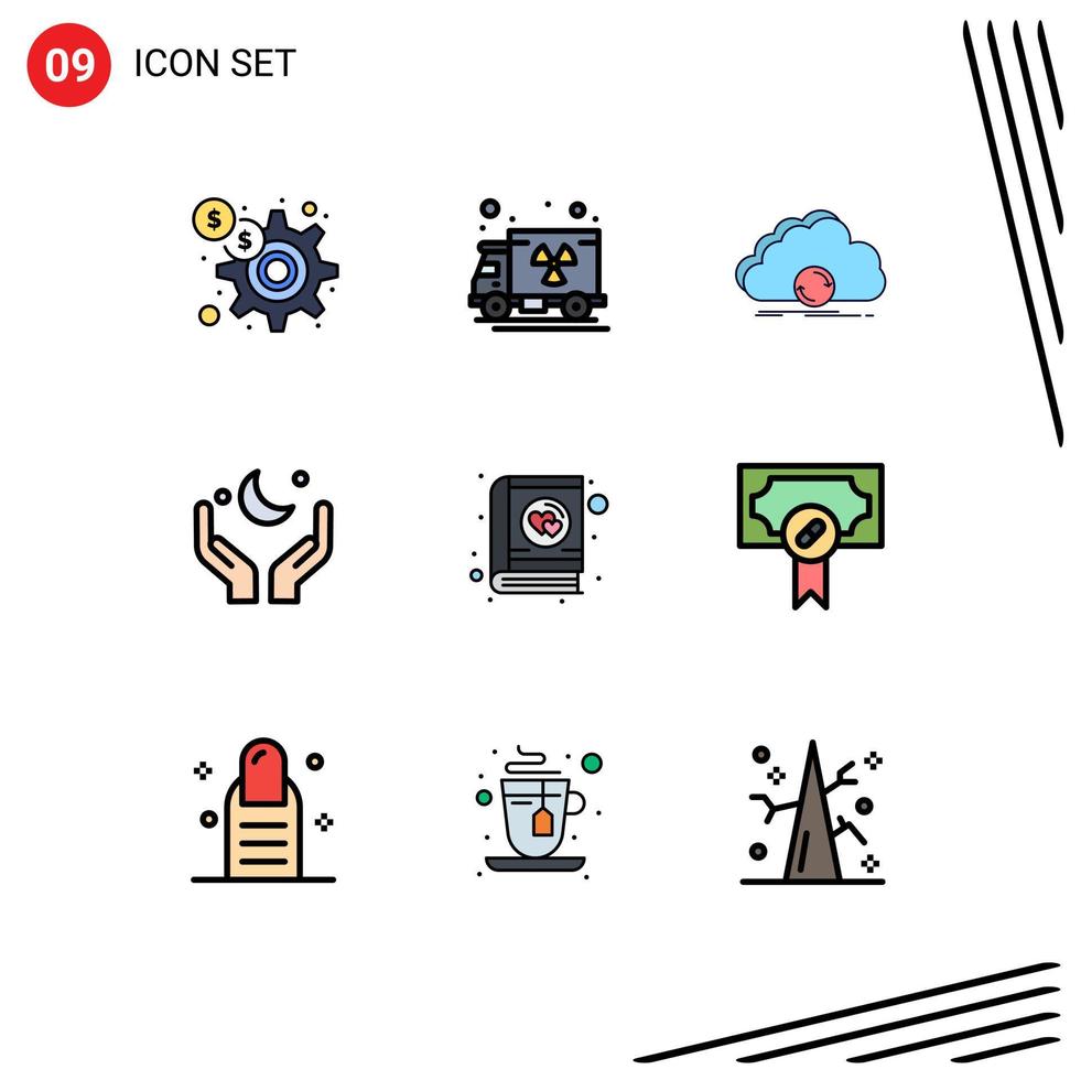 9 Thematic Vector Filledline Flat Colors and Editable Symbols of book cresent syncing moon pray Editable Vector Design Elements