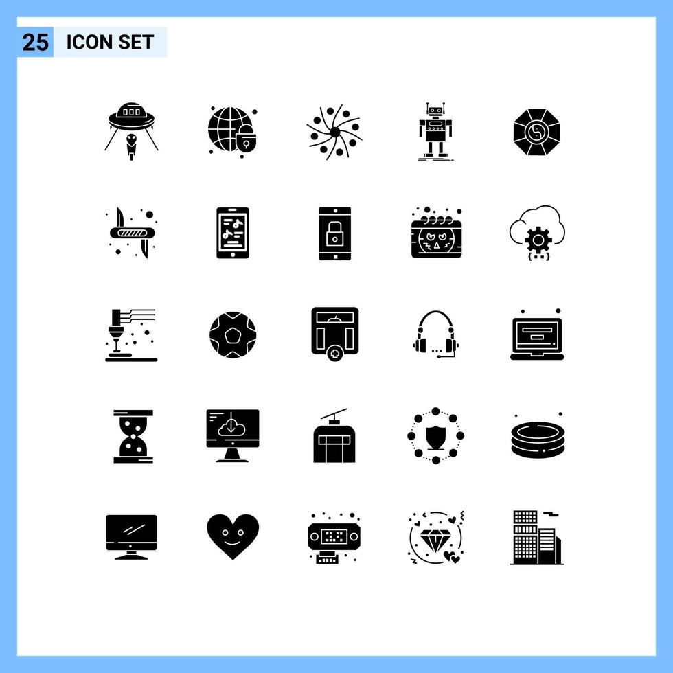 grupo de símbolos de iconos universales de 25 glifos sólidos modernos de elementos de diseño de vectores editables de espacio de robot de globo android bot