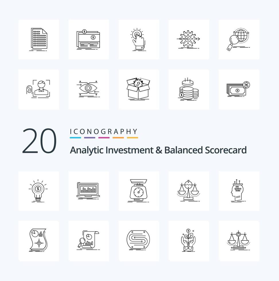 20 Analytic Investment And Balanced Scorecard Line icon Pack like measure balanced monitoring volume scale vector