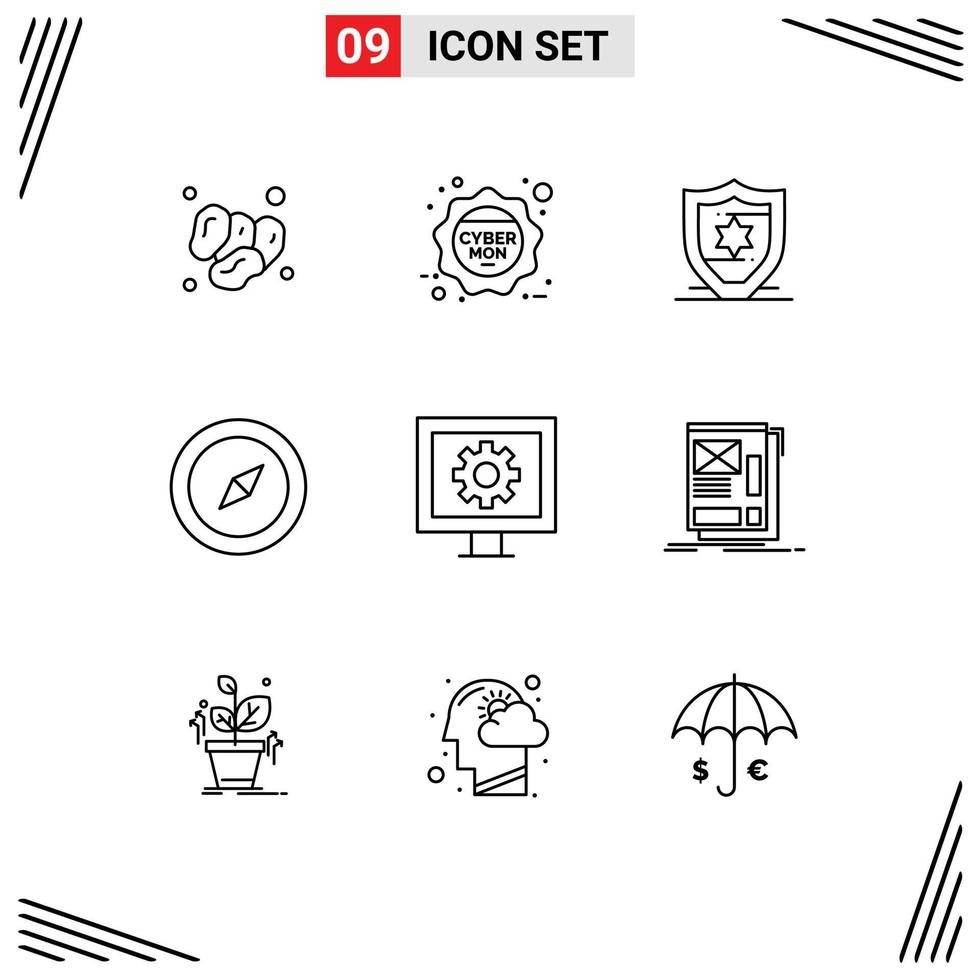 Group of 9 Modern Outlines Set for tv control sale navigation compass Editable Vector Design Elements