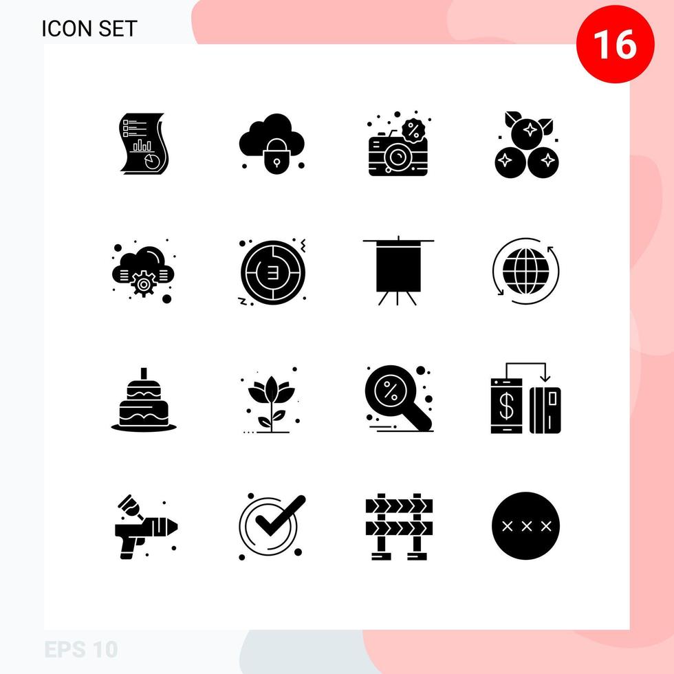 16 Thematic Vector Solid Glyphs and Editable Symbols of cranberry electronic cloud dslr digital Editable Vector Design Elements