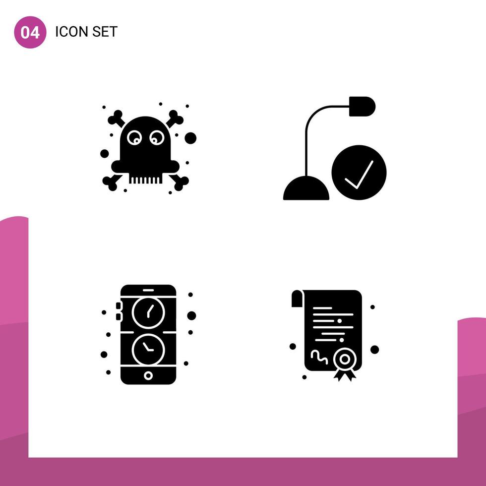 Universal Icon Symbols Group of 4 Modern Solid Glyphs of dangerous application computers gadget watch Editable Vector Design Elements