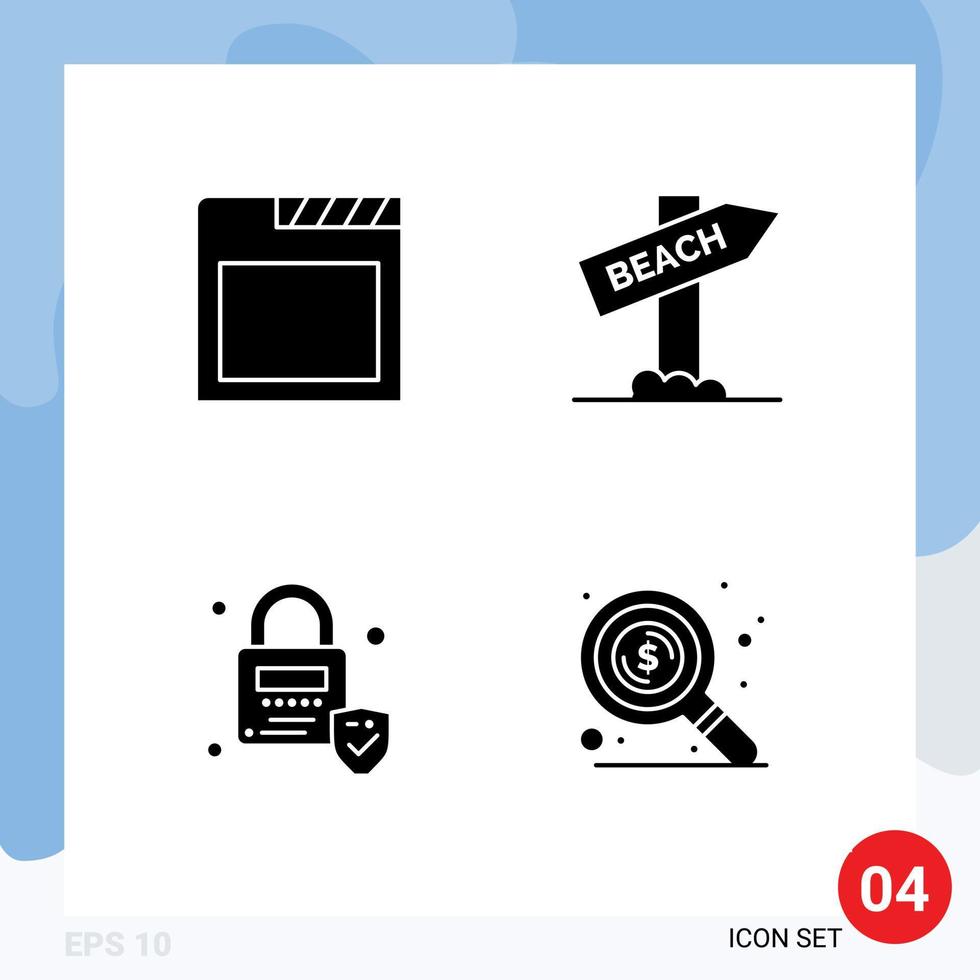 Universal Icon Symbols Group of 4 Modern Solid Glyphs of app security beach vacation money Editable Vector Design Elements