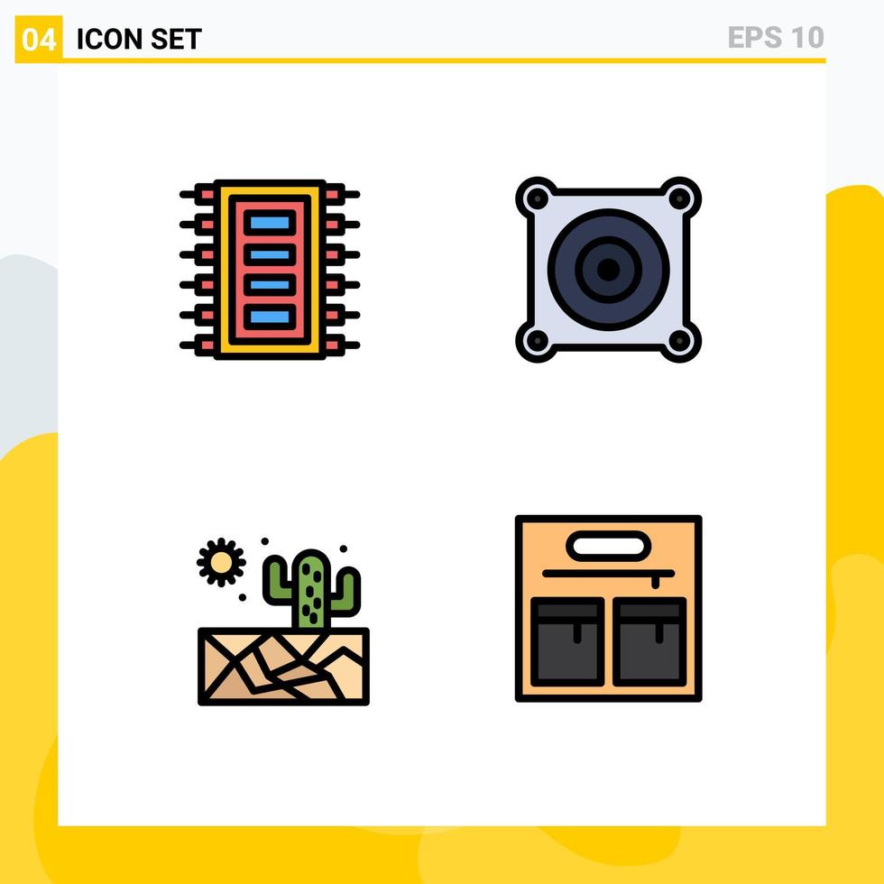 Mobile Interface Filledline Flat Color Set of 4 Pictograms of tech sun computer engine bag Editable Vector Design Elements