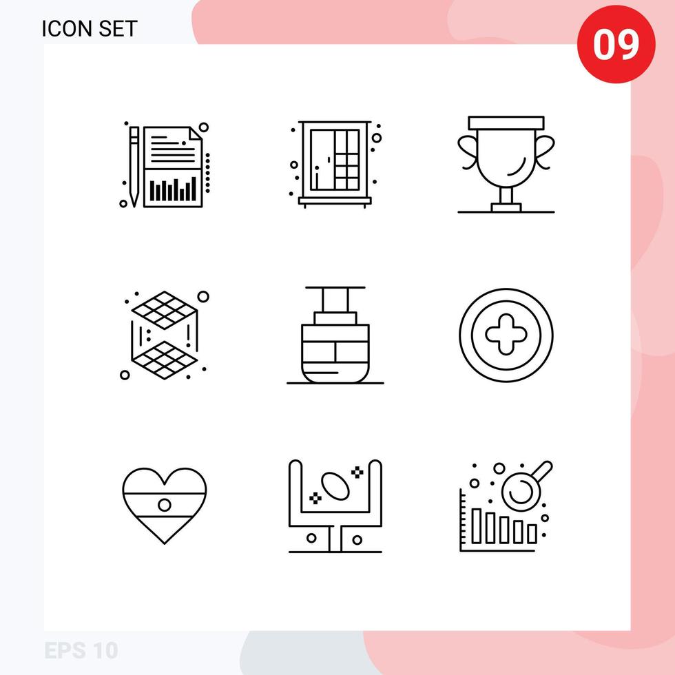 Universal Icon Symbols Group of 9 Modern Outlines of transportation sky lift achievements layer cube Editable Vector Design Elements