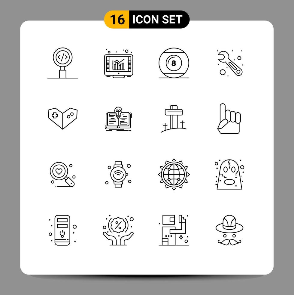 Stock Vector Icon Pack of 16 Line Signs and Symbols for gamepad tool report repair play Editable Vector Design Elements
