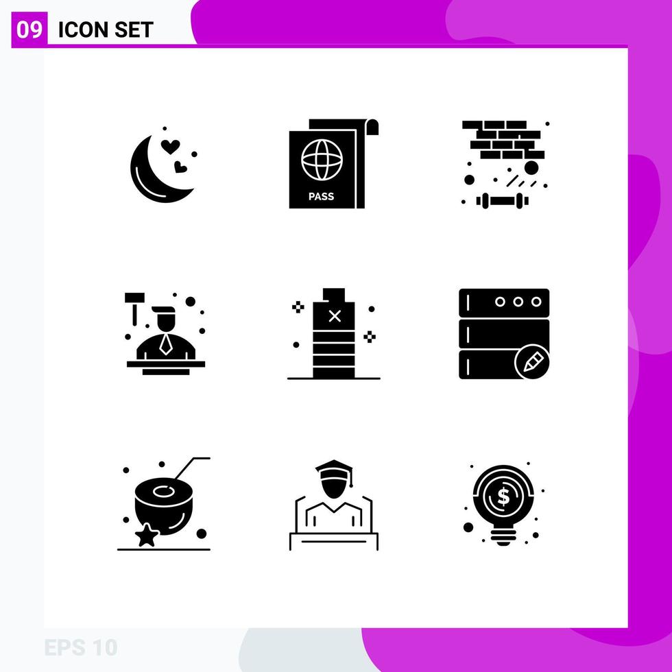 Universal Icon Symbols Group of 9 Modern Solid Glyphs of essential battery breaker law auctioneer Editable Vector Design Elements