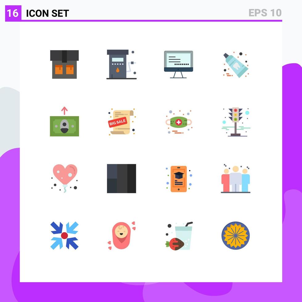 Set of 16 Modern UI Icons Symbols Signs for money cash monitore toothpaste clean Editable Pack of Creative Vector Design Elements