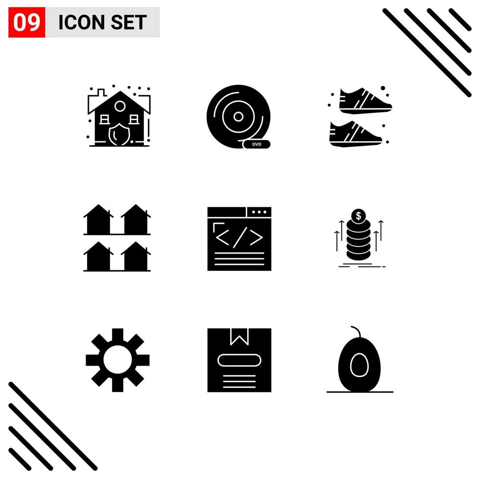 9 Thematic Vector Solid Glyphs and Editable Symbols of real houses storage device estate sportive Editable Vector Design Elements