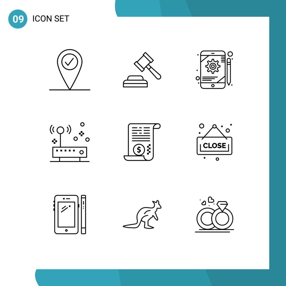 Modern Set of 9 Outlines Pictograph of close dollar tablet attachment network Editable Vector Design Elements