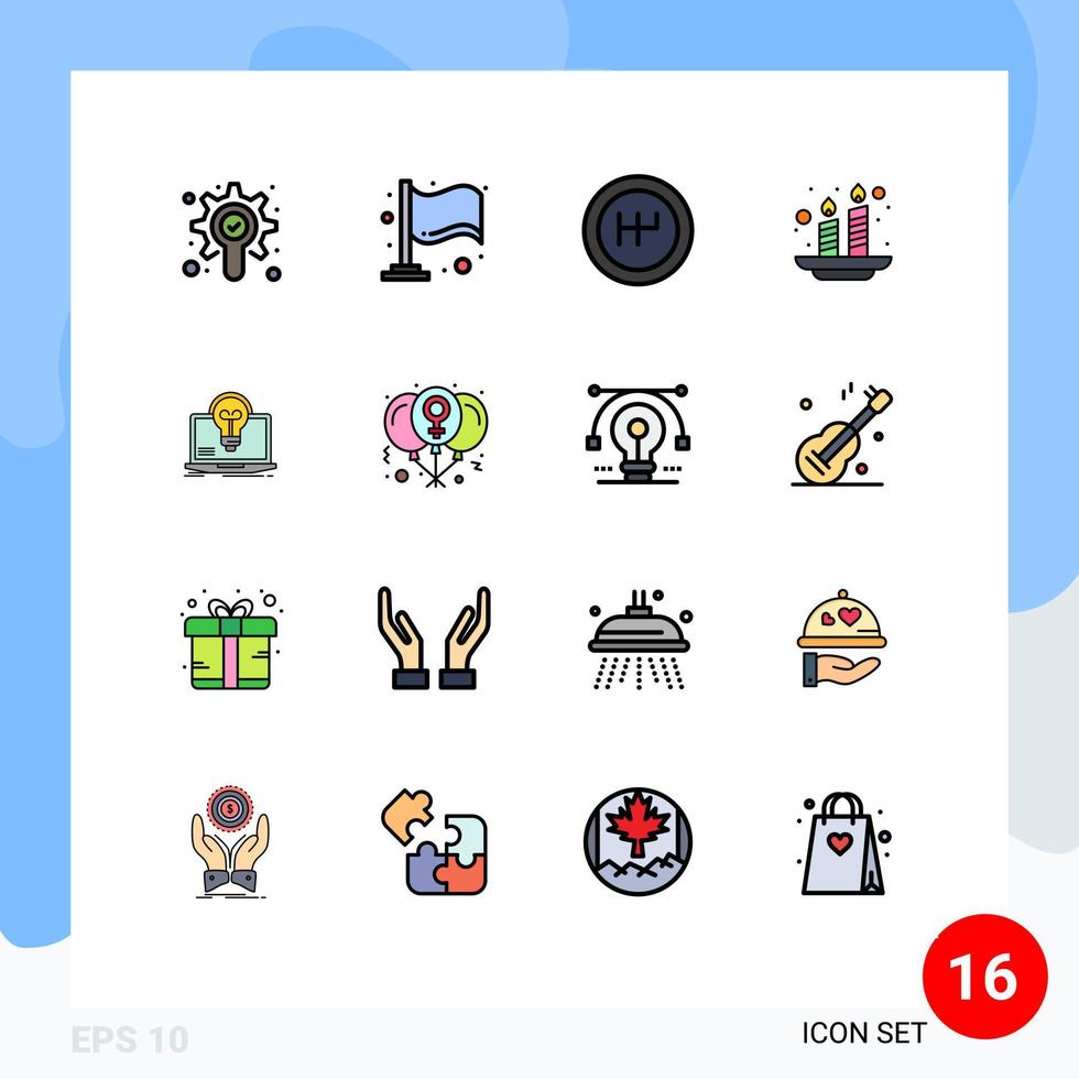 16 concepto de línea rellena de color plano para sitios web móviles y aplicaciones pantalla de globo velas bombilla de portátil elementos de diseño de vectores creativos editables