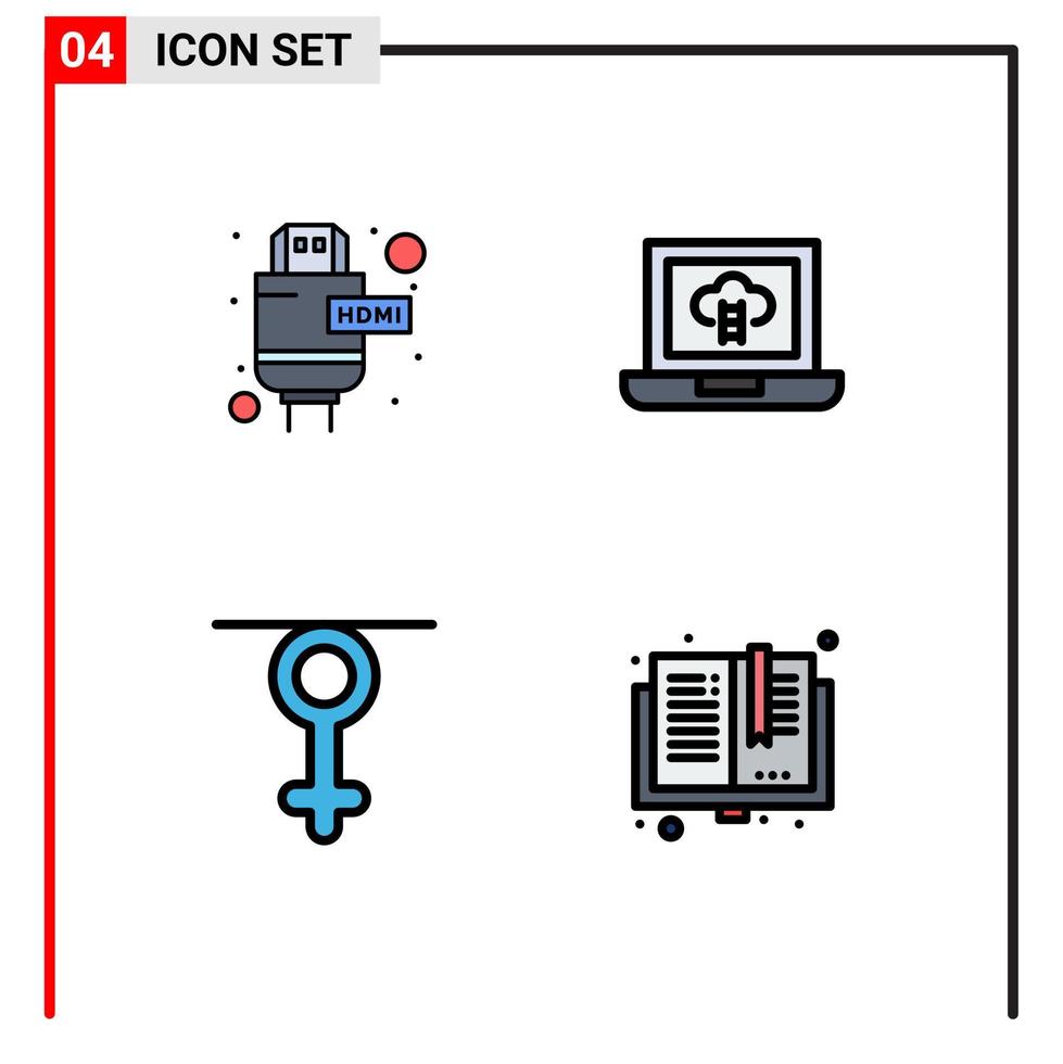 interfaz móvil línea de relleno conjunto de colores planos de 4 pictogramas de cable logros humanos libros de género elementos de diseño vectorial editables vector