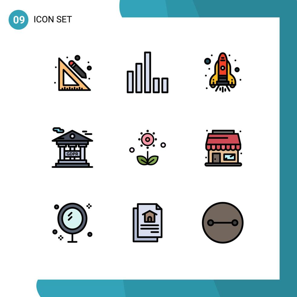 Pack of 9 Modern Filledline Flat Colors Signs and Symbols for Web Print Media such as nature floral rocket flora financial information protection Editable Vector Design Elements