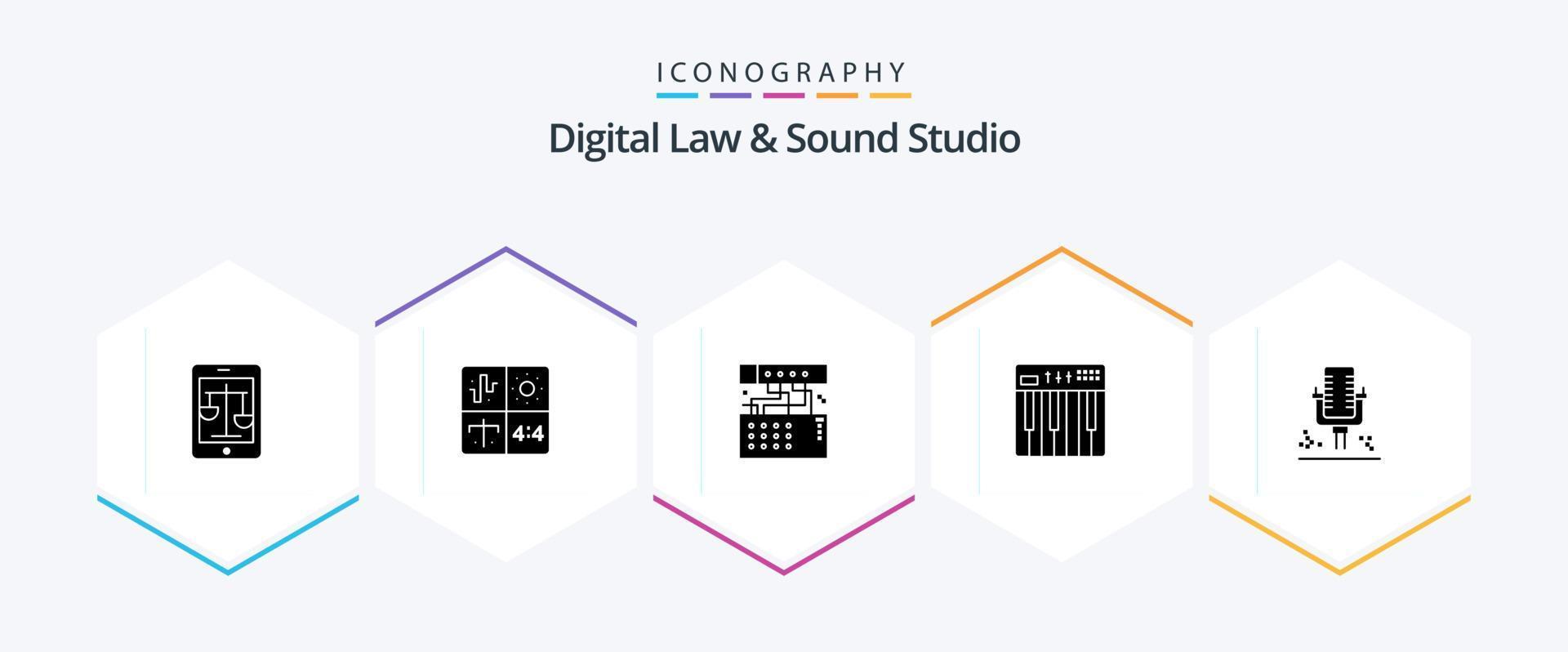 paquete de iconos de 25 glifos de estudio de derecho y sonido digital que incluye teclado. controlador. ingeniería. sonido. dispositivo vector