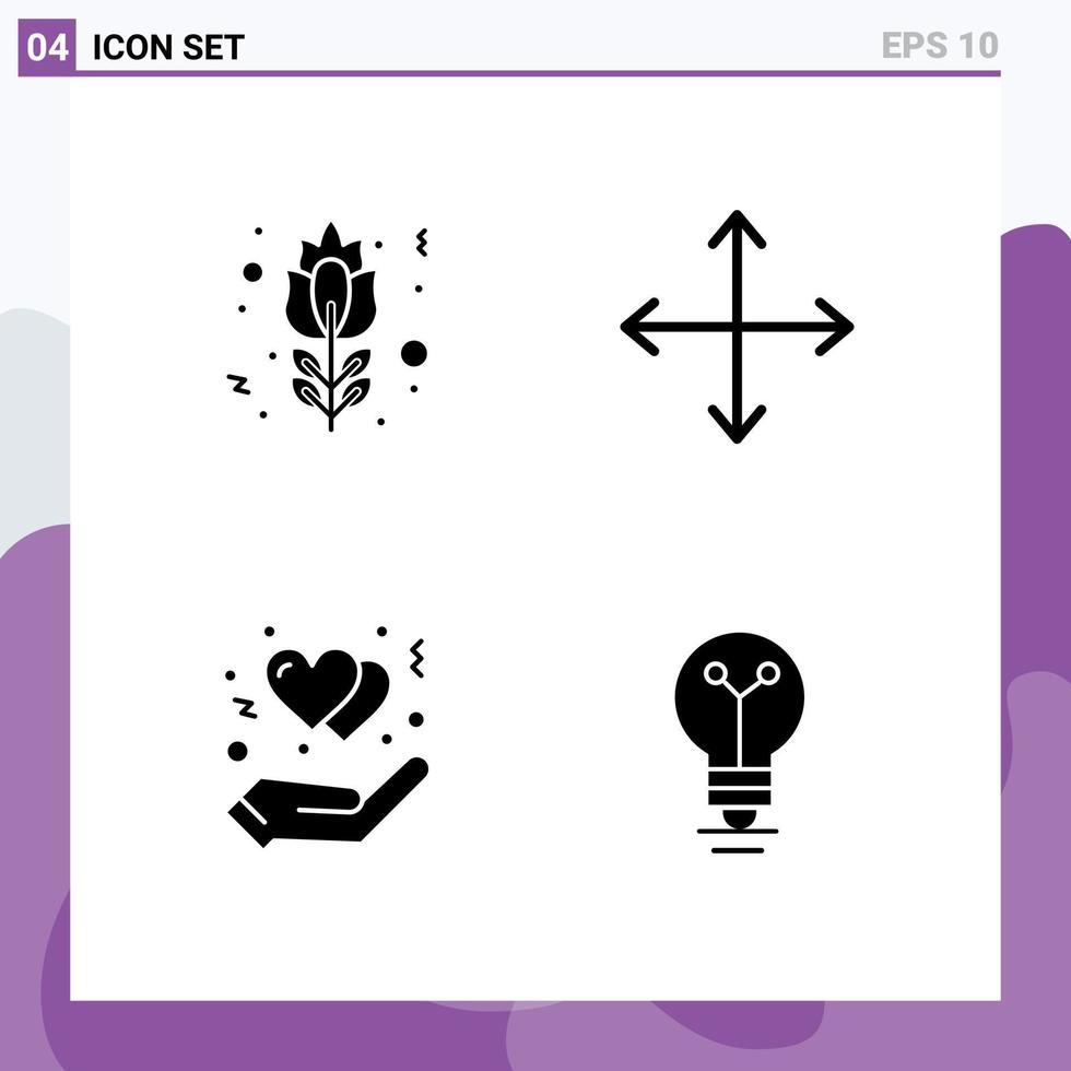 Pack of 4 creative Solid Glyphs of blossom gesture rose navigation heart Editable Vector Design Elements