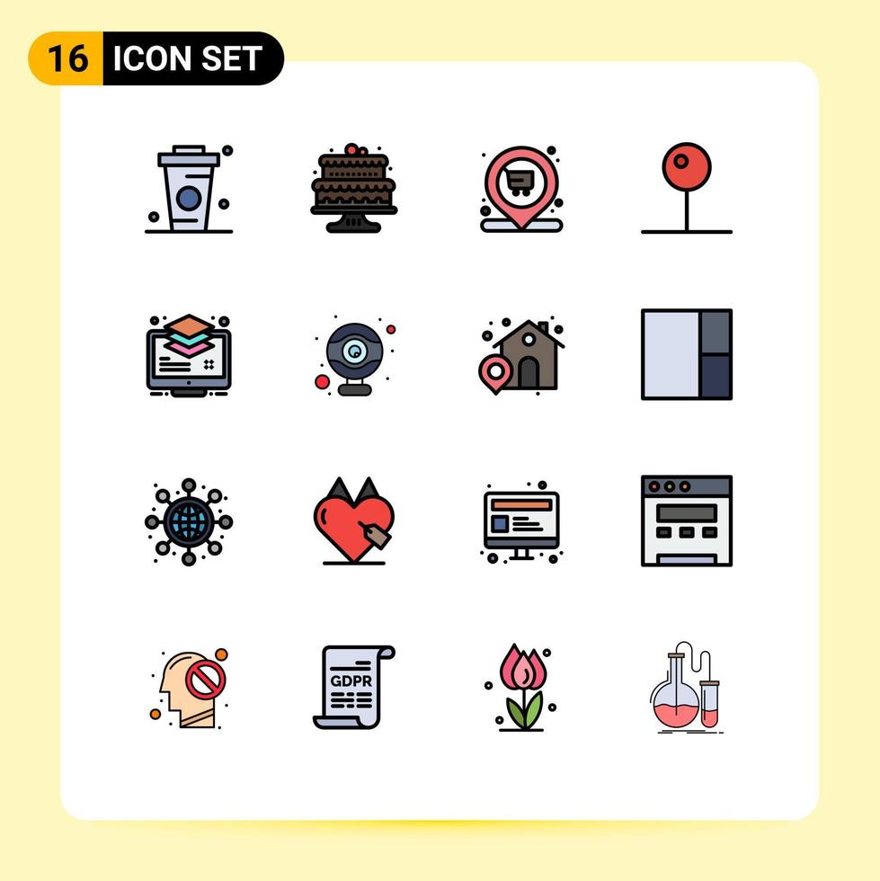 16 signos de línea rellenos de color plano universal símbolos de organizar tortas de reproductor multimedia carrito de medios elementos de diseño de vectores creativos editables