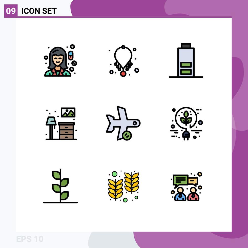Set of 9 Vector Filledline Flat Colors on Grid for plane lump necklace furniture home Editable Vector Design Elements