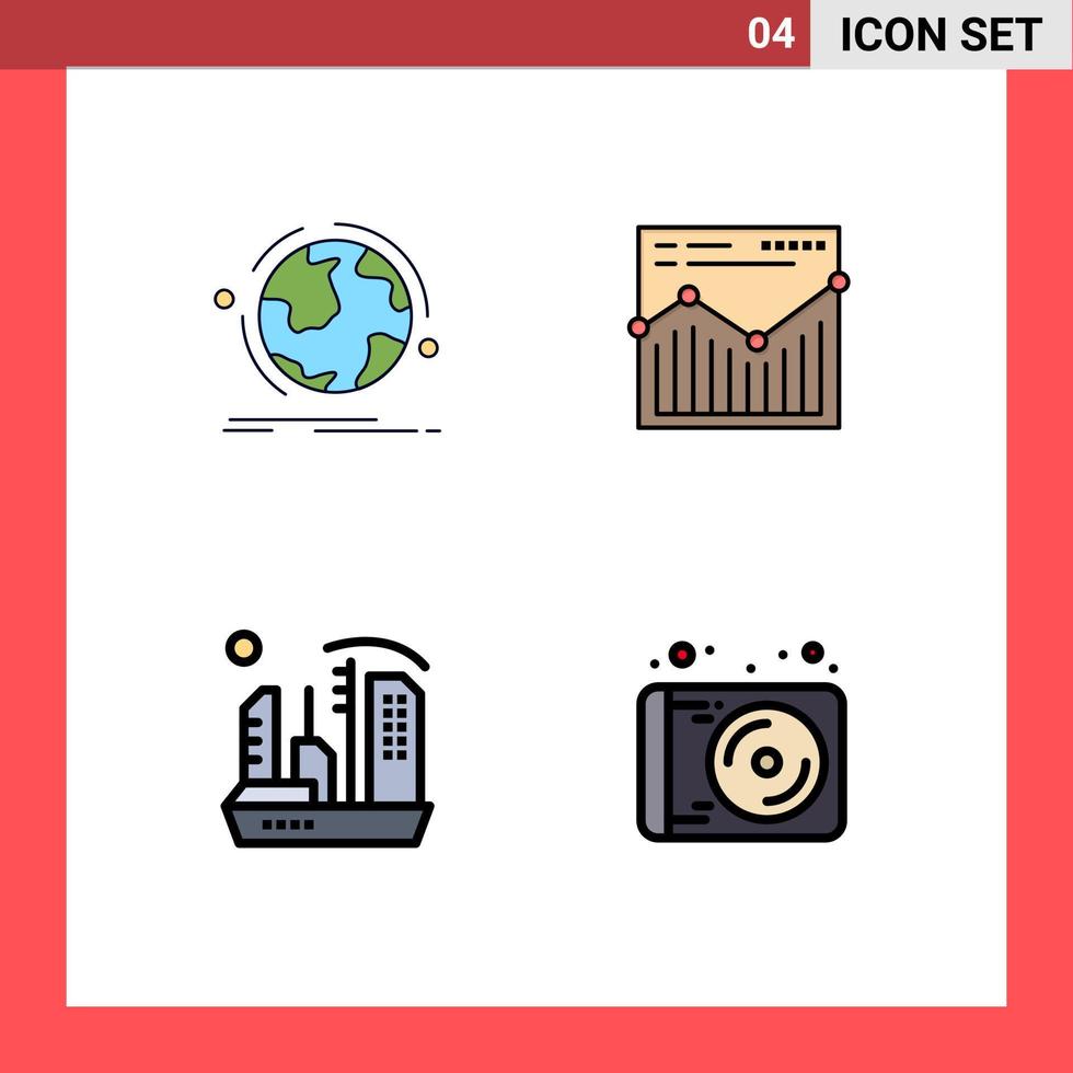 Set of 4 Vector Filledline Flat Colors on Grid for globe city connection web colony Editable Vector Design Elements