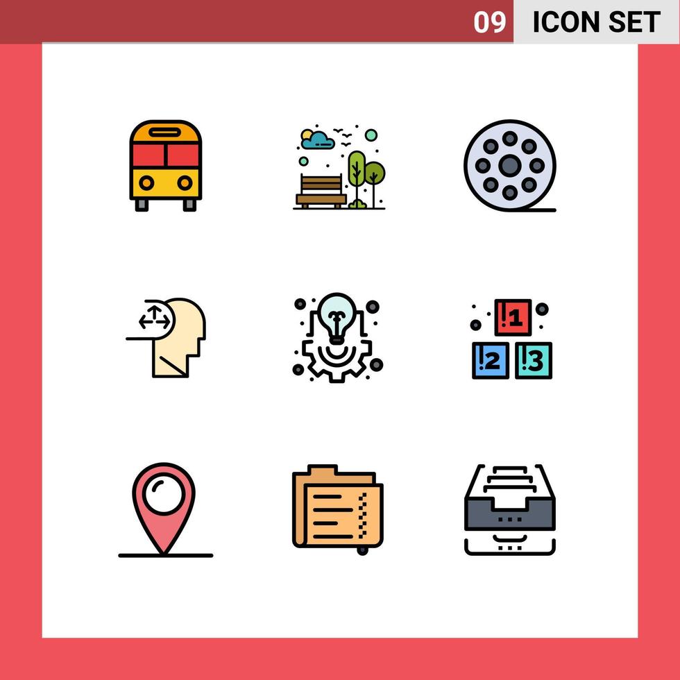 Group of 9 Filledline Flat Colors Signs and Symbols for bulb man tree disorder multimedia Editable Vector Design Elements