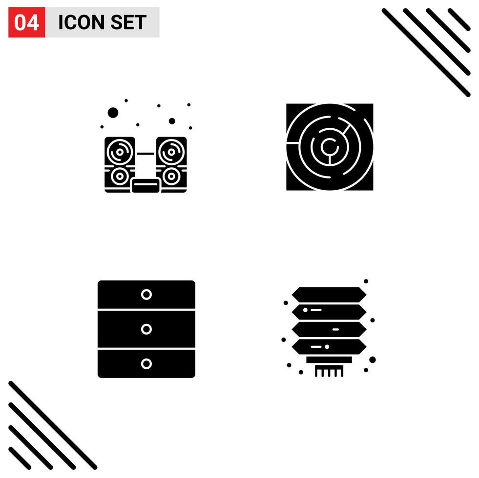 Pack of 4 Modern Solid Glyphs Signs and Symbols for Web Print Media such as computer furniture speaker labyrinth home appliances Editable Vector Design Elements