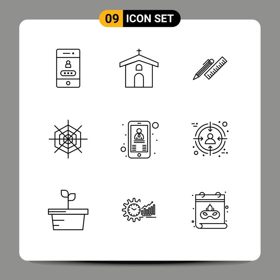 paquete de 9 signos y símbolos de contornos modernos para medios de impresión web como araña halloween suministros de pascua lápiz elementos de diseño de vectores editables