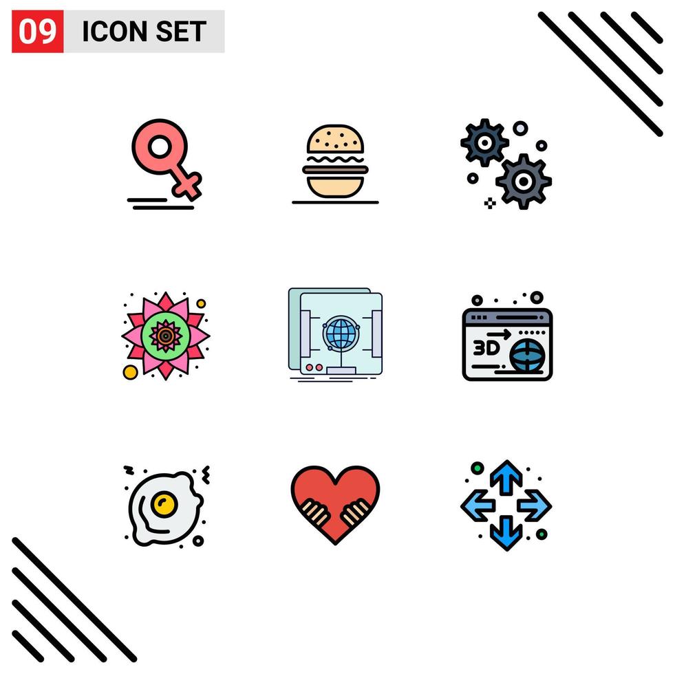 Mobile Interface Filledline Flat Color Set of 9 Pictograms of web scan gear setting holographic rangoli Editable Vector Design Elements