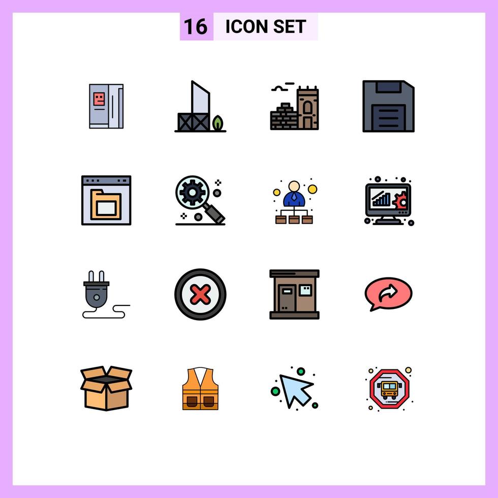 Modern Set of 16 Flat Color Filled Lines Pictograph of browser floppy security disc computers Editable Creative Vector Design Elements