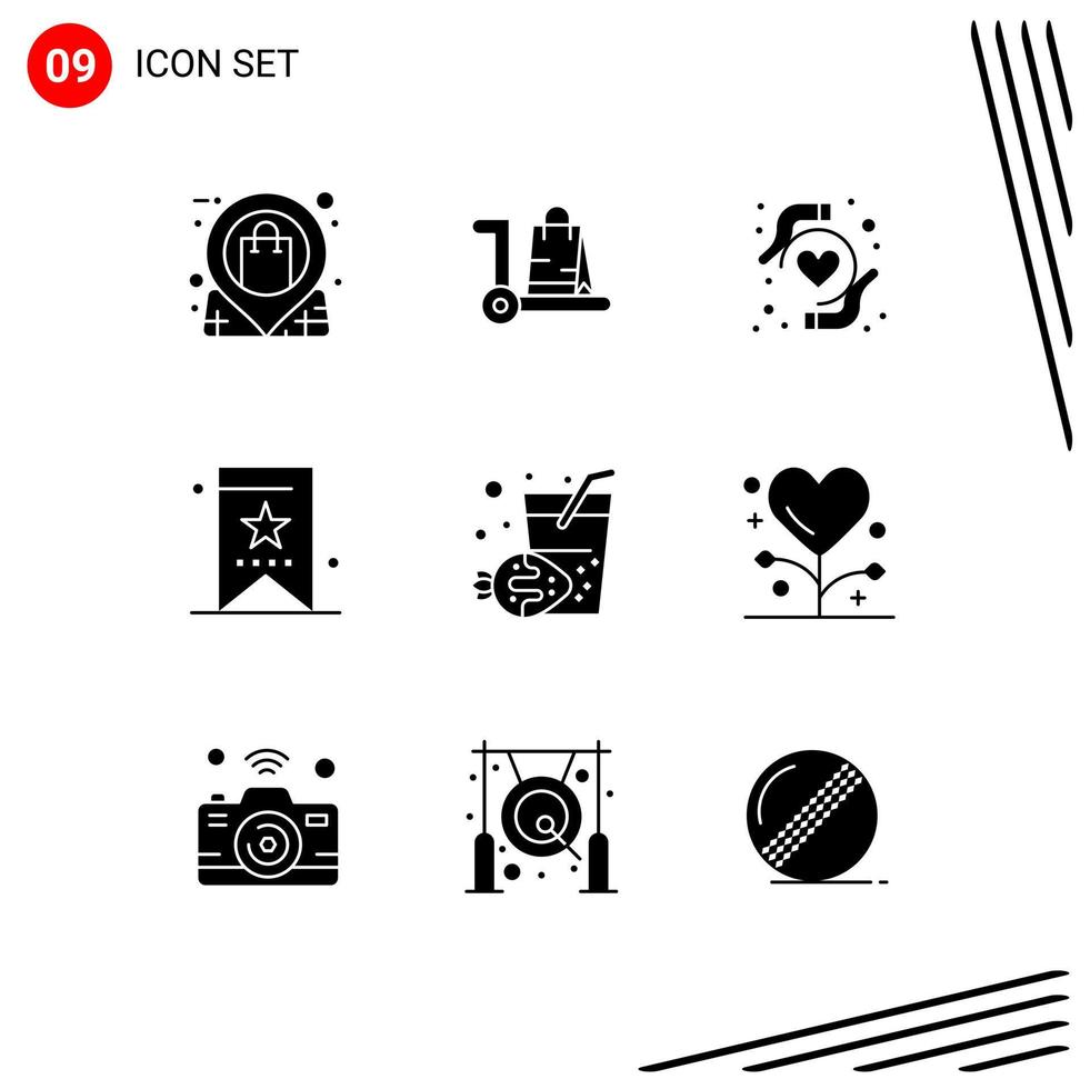 Modern Set of 9 Solid Glyphs Pictograph of ui education shop bookmark heart protection Editable Vector Design Elements