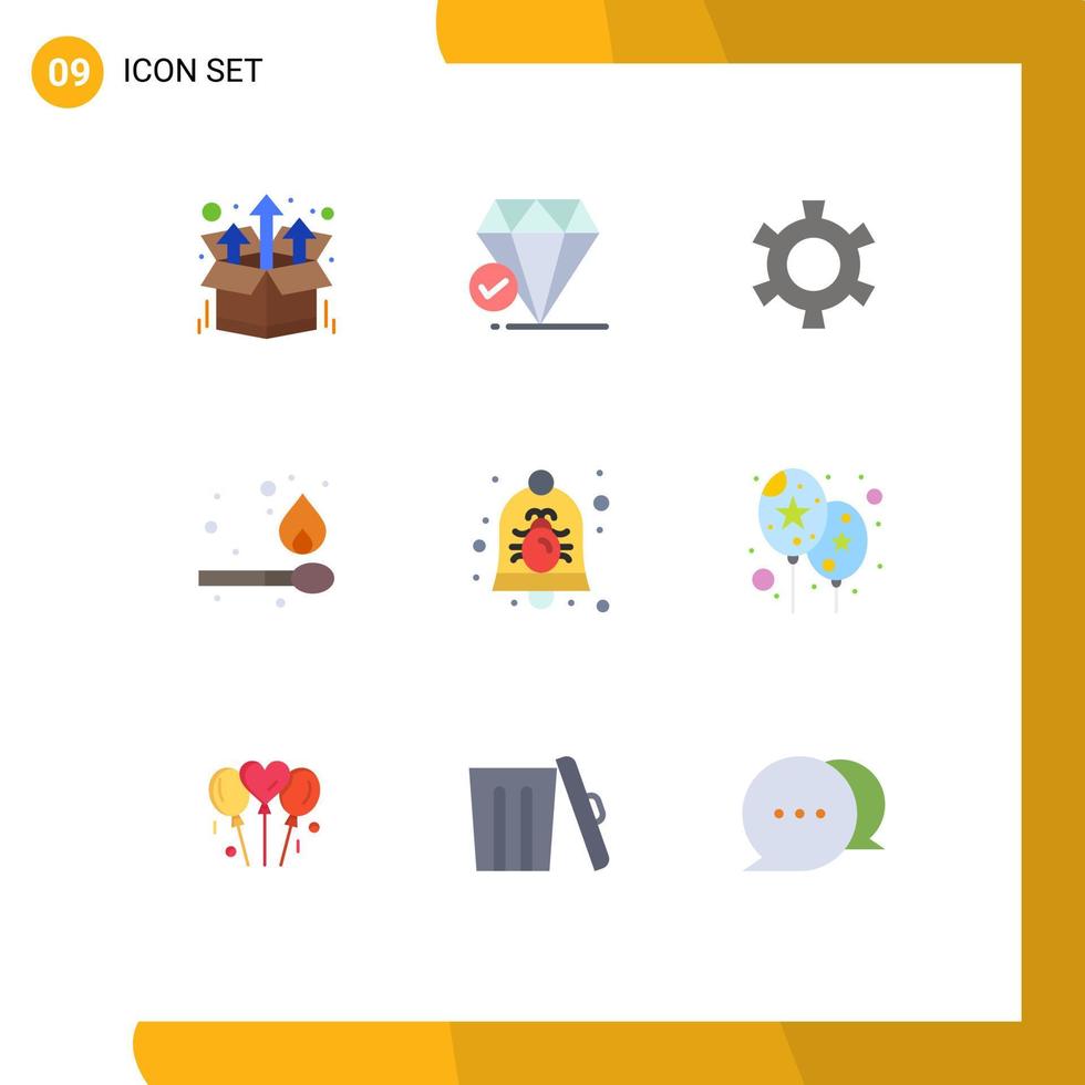 Mobile Interface Flat Color Set of 9 Pictograms of notification alarm cog bug fire Editable Vector Design Elements