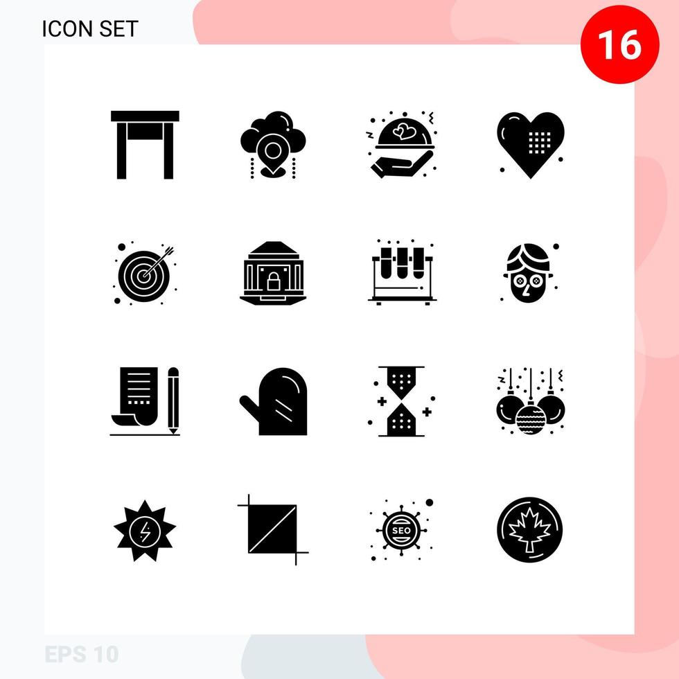 Editable Vector Line Pack of 16 Simple Solid Glyphs of love heart gps event wedding Editable Vector Design Elements