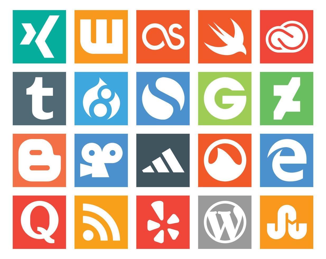 Paquete de 20 íconos de redes sociales que incluye quora grooveshark drupal adidas blogger vector