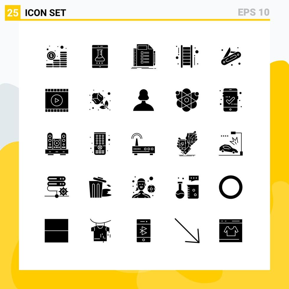 25 signos de glifos sólidos universales símbolos de éxito en aplicaciones de teléfonos inteligentes planificación de escaleras elementos de diseño de vectores editables