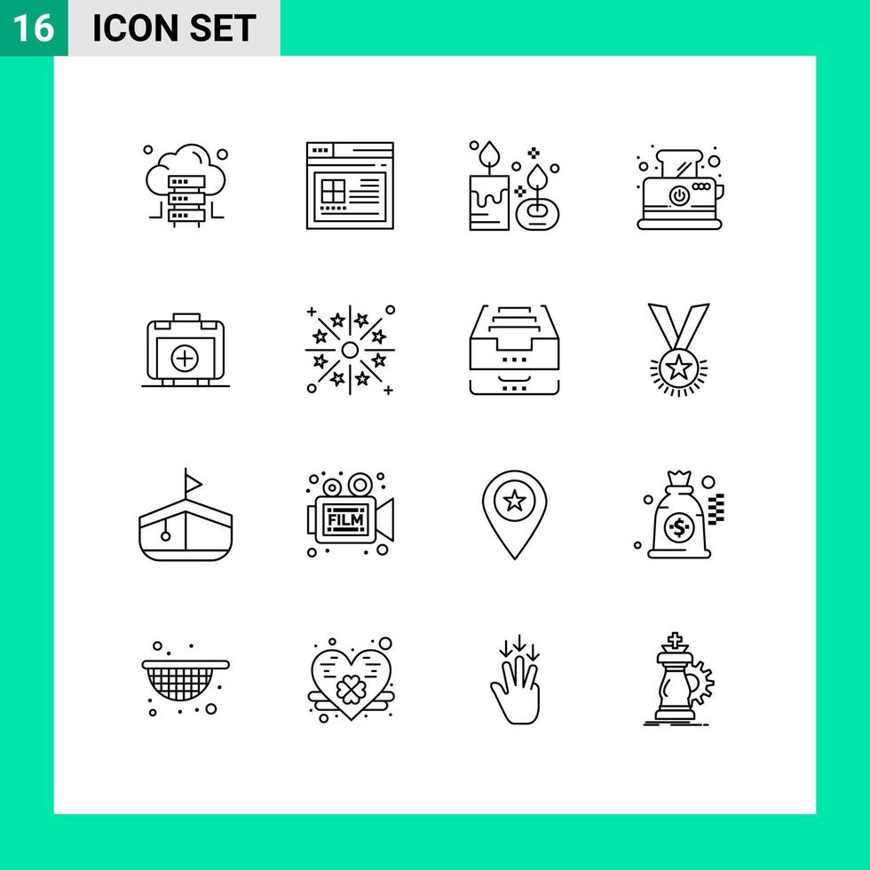 Modern Set of 16 Outlines Pictograph of bag breakfast aroma candle toaster bread Editable Vector Design Elements