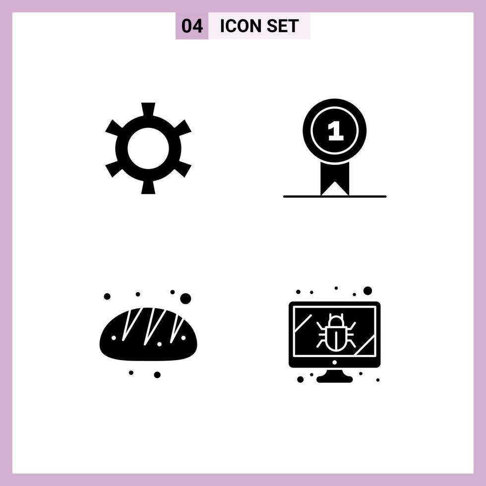 Set of 4 Modern UI Icons Symbols Signs for cog bread prize win bug Editable Vector Design Elements