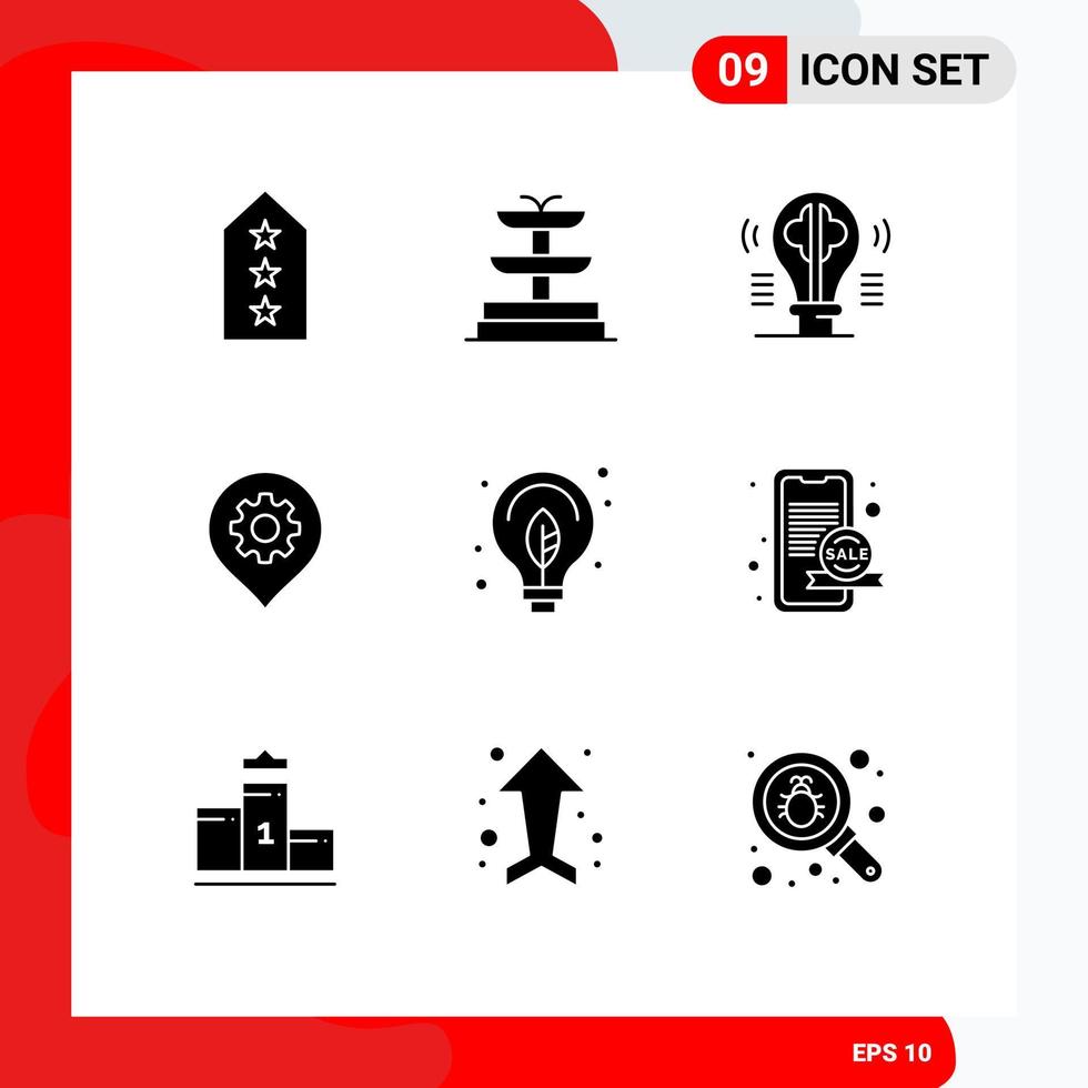 Group of 9 Modern Solid Glyphs Set for green map bulb location gear Editable Vector Design Elements