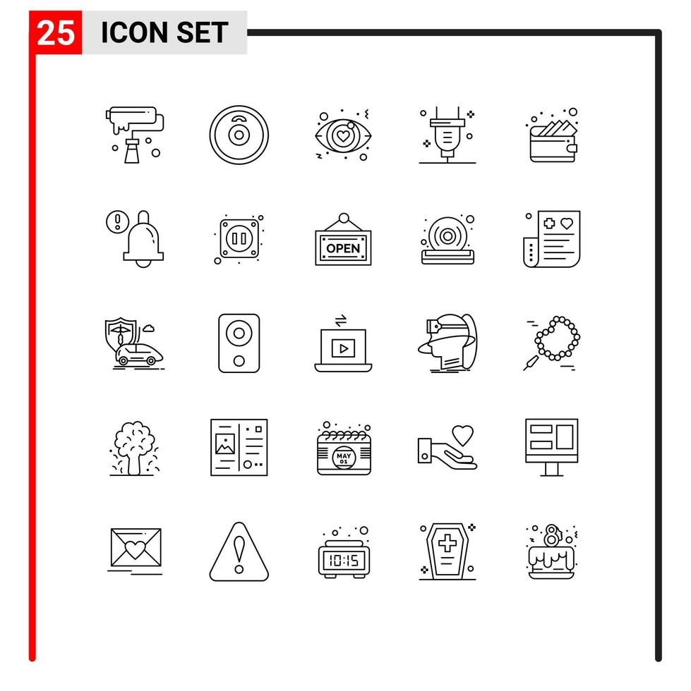 Line Pack of 25 Universal Symbols of wallet cash dating electricity power Editable Vector Design Elements