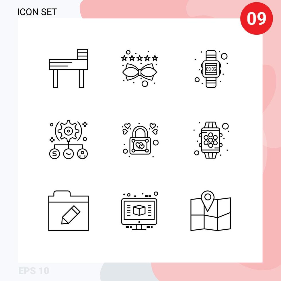 9 User Interface Outline Pack of modern Signs and Symbols of lock user time setting todo Editable Vector Design Elements