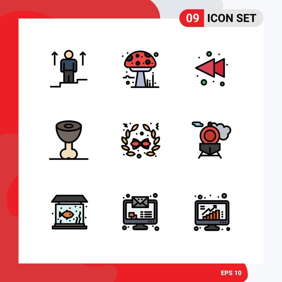 Editable Vector Line Pack of 9 Simple Filledline Flat Colors of decoration bow poison meat food Editable Vector Design Elements