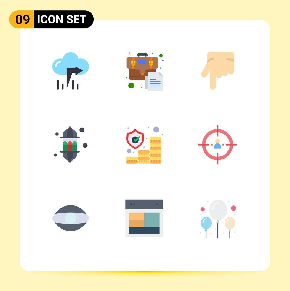 Set of 9 Vector Flat Colors on Grid for money insurance forefinger festival ramadan Editable Vector Design Elements
