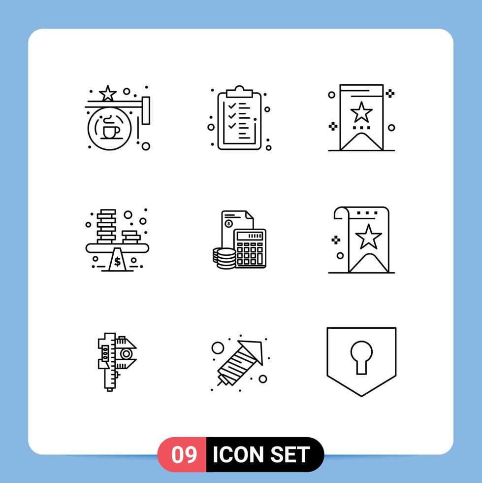 Pack of 9 Modern Outlines Signs and Symbols for Web Print Media such as investment profit finance money balance Editable Vector Design Elements
