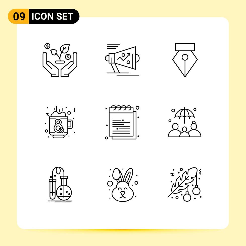 9 User Interface Outline Pack of modern Signs and Symbols of notes academy editor tea day Editable Vector Design Elements