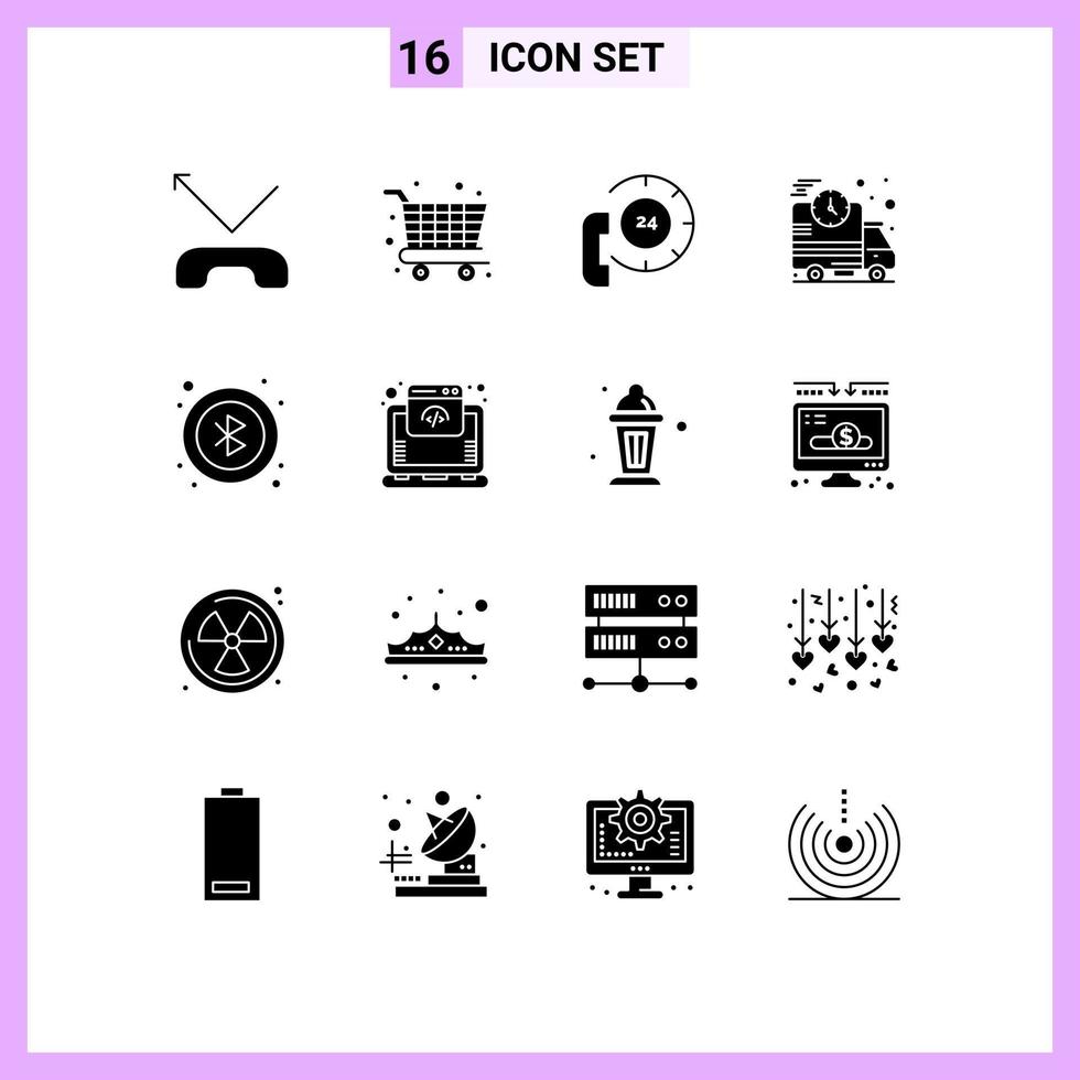 16 User Interface Solid Glyph Pack of modern Signs and Symbols of user bluetooth communication truck delivery Editable Vector Design Elements